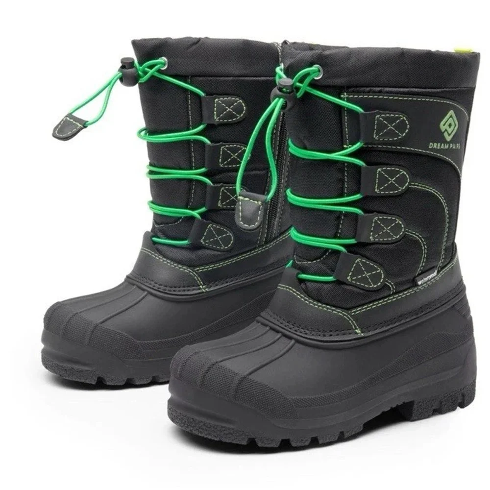 DREAM PAIRS Boys Girls Snow Boots Waterproof 4 Big Kid, Black/Neon/Green